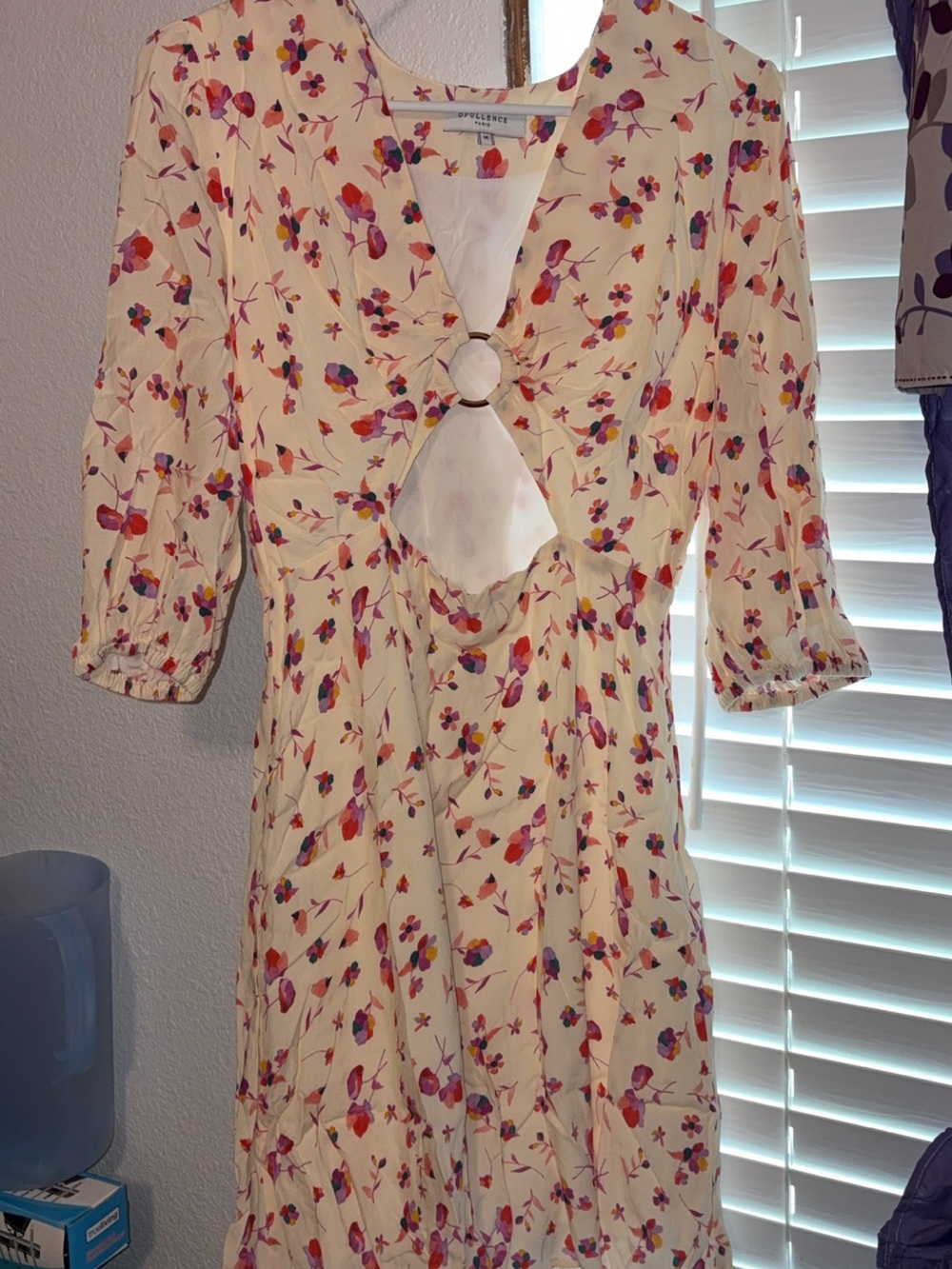 Floral Cream Midi Dress with Front Ring Detail